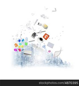 Business collage. Background image with business sketch strategy and icons