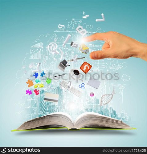 Business collage. Opened book with business concept icons and hand making choice