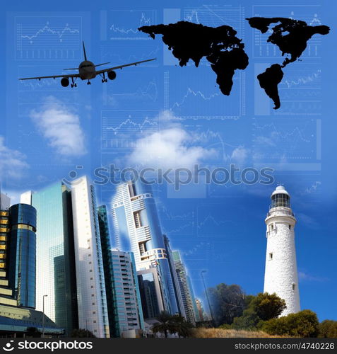 Business collage with financial charts and lighthouse on the background