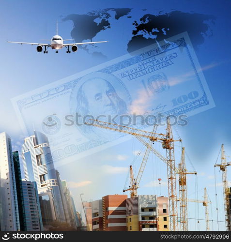 Business collage with financial charts and lighthouse on the background