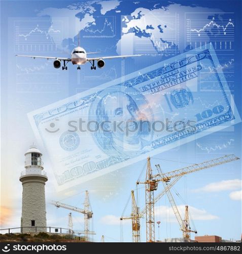 Business collage with financial charts and lighthouse on the background