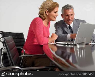Business colleagues using laptop at conference table