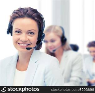 business, communication and call center concept - female helpline operator with headphones