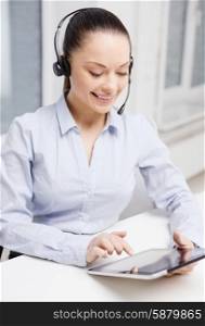 business, communication and call center concept - friendly female helpline operator with headphones and tablet pc comupter