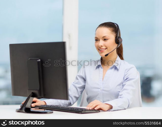 business, communication and call center concept - friendly female helpline operator with headphones