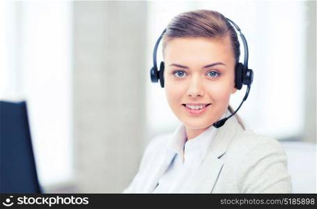 business, communication and call center - female helpline operator with headphones. female helpline operator with headphones