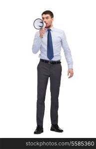 business, communication and office concept - angry businessman with megaphone