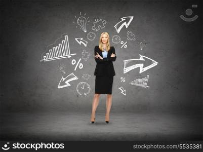 business, communication and office concept - friendly young smiling businesswoman with different doodle on the back