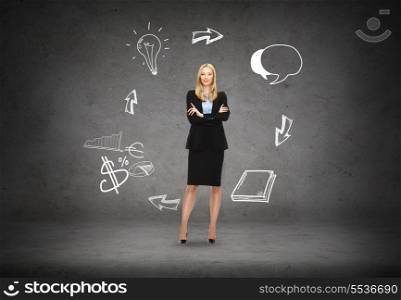 business, communication and office concept - friendly young smiling businesswoman with different doodle on the back
