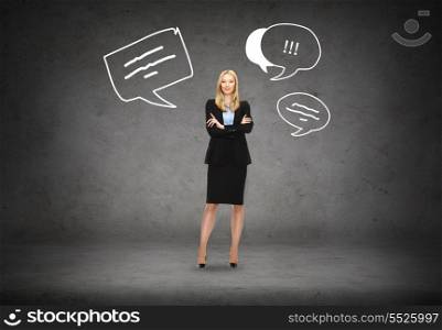 business, communication and office concept - friendly young smiling businesswoman with messages on the back