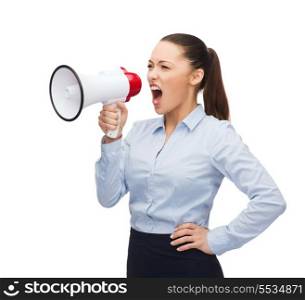 business, communication and office concept - screaming businesswoman with megaphone
