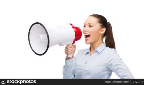 business, communication and office concept - screaming businesswoman with megaphone