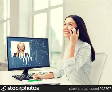 business, communication and technology concept - smiling businesswoman or student with smartphone talking
