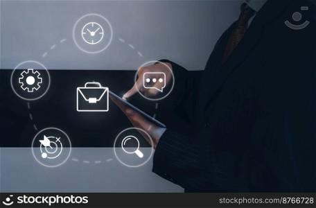 Business communication closeup concept image with white glyph icons. Side view photo of businessman with tablet on background. Picture for web banner, infographics, blog, news and article. Business communication closeup concept image with white glyph icons