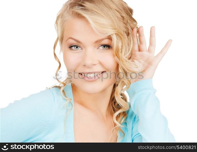 business, communication concept - bright picture of happy woman listening gossip