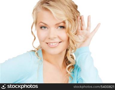 business, communication concept - bright picture of happy woman listening gossip