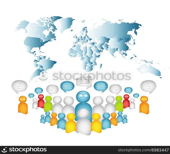 Business communication. Dialogue between different and diverse people. Crowd talking. Globalization. Interview. World map background. Isolated 3d Illustration