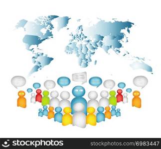 Business communication. Dialogue between different and diverse people. Crowd talking. Globalization. Interview. World map background. Isolated 3d Illustration