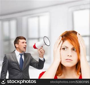 business, communication, hiring, searching, public announcement, office concept - buisnessman with bullhorn or megaphone and stressed woman