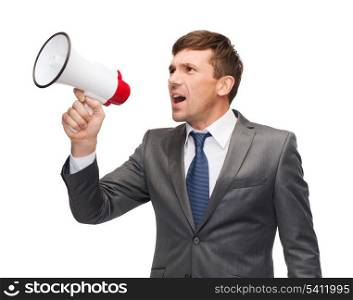 business, communication, hiring, searching, public announcement, office concept - buisnessman with bullhorn or megaphone