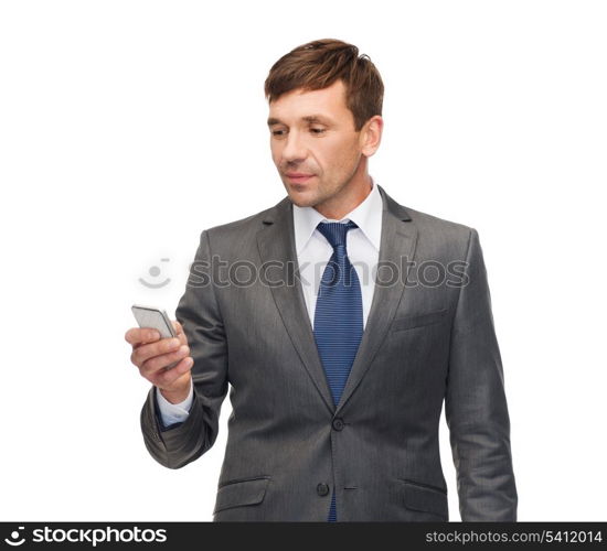 business, communication, modern technology and office concept - buisnessman with smartphone