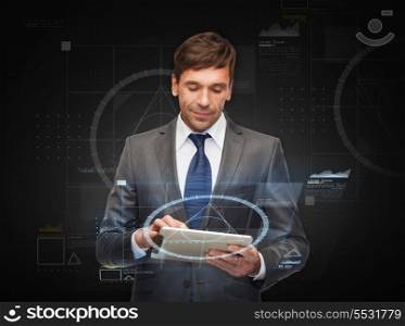 business, communication, modern technology and office concept - buisnessman with tablet pc