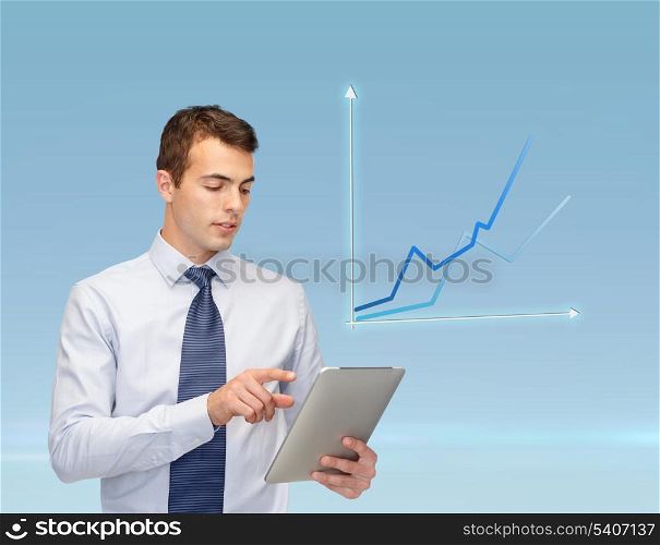 business, communication, modern technology and office concept - buisnessman with tablet pc and graph