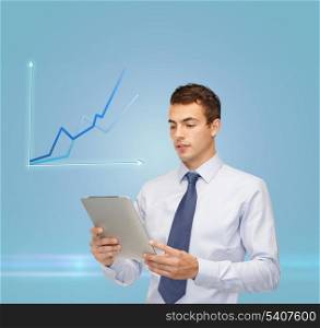 business, communication, modern technology and office concept - buisnessman with tablet pc and graph