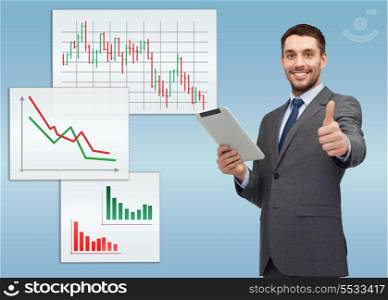 business, communication, modern technology and office concept - smiling buisnessman with tablet pc computer showing thumbs up