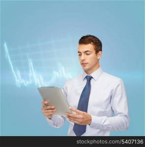 business, communication, modern technology, money and office concept - buisnessman with tablet pc and forex chart