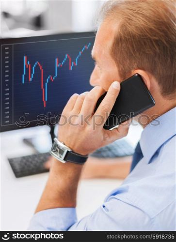 business, communication, money and technology concept- businessman with smartphone and forex chart on monitor screen in office