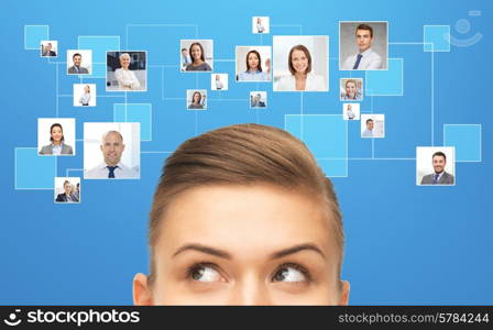 business, communication, partnership and people concept - close up of young woman eyes looking up over blue background with icons of contacts