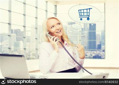business, communication, people and technology concept - smiling businesswoman or secretary calling on telephone over office room with city view window background