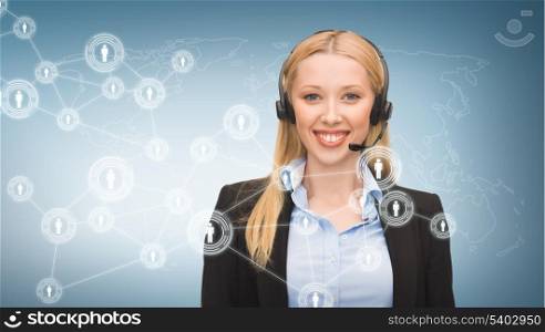 business, communication, technology and call center - female helpline operator with headphones and virtual screen