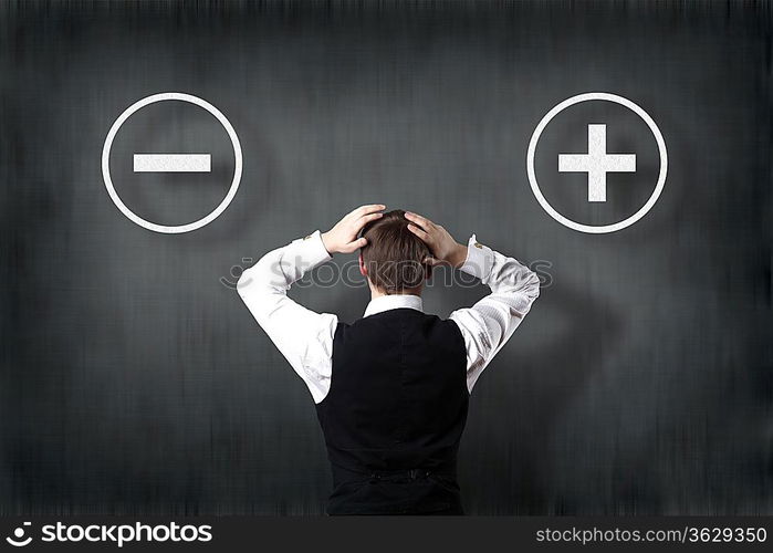 Business concept - a businessman choosing decrease or increase