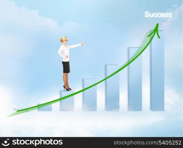 business concept - businesswoman pointing at big 3d chart in the sky