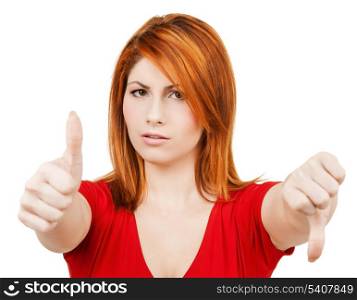 business concept - businesswoman with thumbs up and down