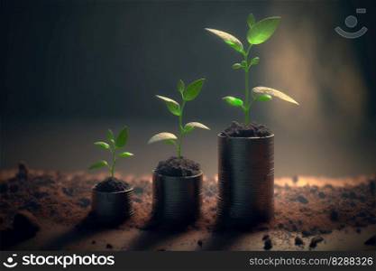 Business concept by growing plants on coin stack isolated on blur landscape background. Theme of glowing young plant from seed in the forest. Finest generative AI.. Business concept by growing plants on coin isolated landscape background.