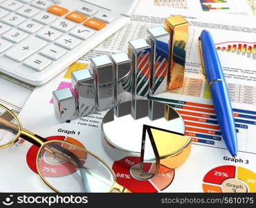 Business concept. Calculator, pen, glasses, graph and charts. 3d