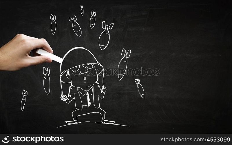 Business concept chalk drawing. Hand draw with chalk caricature of funny businessman