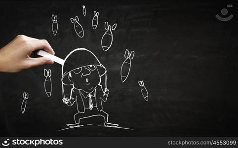 Business concept chalk drawing. Hand draw with chalk caricature of funny businessman