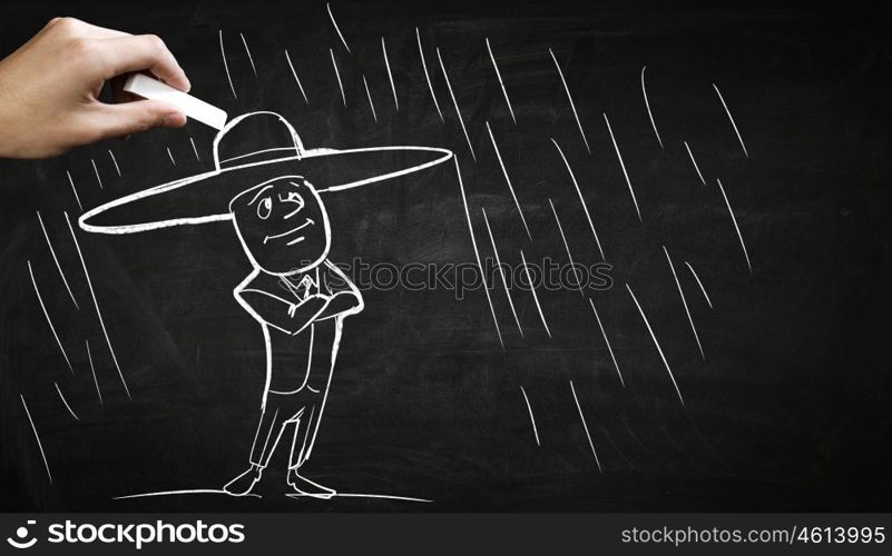 Business concept chalk drawing. Hand draw with chalk caricature of funny businessman