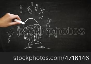 Business concept chalk drawing. Hand draw with chalk caricature of funny businessman