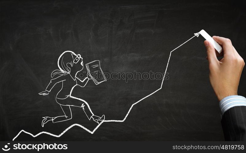 Business concept chalk drawing. Hand draw with chalk caricature of funny businesswoman