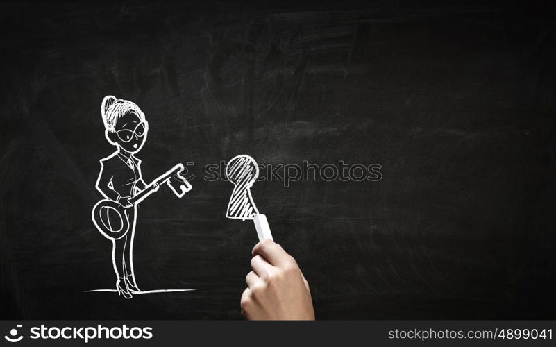 Business concept chalk drawing. Hand draw with chalk caricature of funny businesswoman