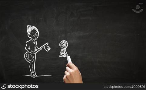 Business concept chalk drawing. Hand draw with chalk caricature of funny businesswoman