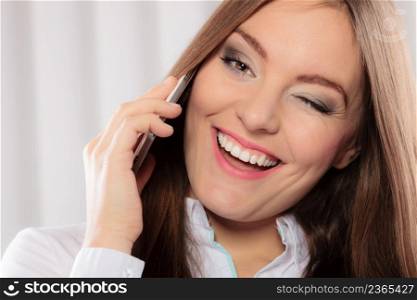 business concept. Closeup modern happy businesswoman woman fashionable girl talking on the mobile phone smartphone, winking