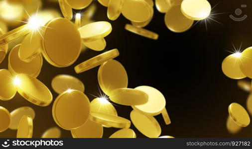 Business concept design of gold coins falling on black background 3D render