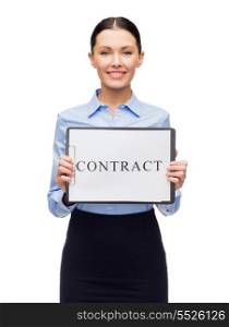 business concept - friendly young smiling businesswoman clipboard and contract