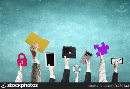 Business concept. Group of business people holding business signs in raised hands